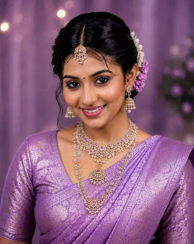 South Indian bride in traditional red silk saree with gold jewelry