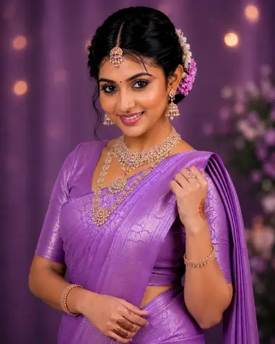 Bride in royal blue silk saree with layered temple gold necklace