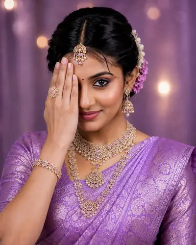 Bride in purple silk saree with temple jewelry and professional bridal makeup