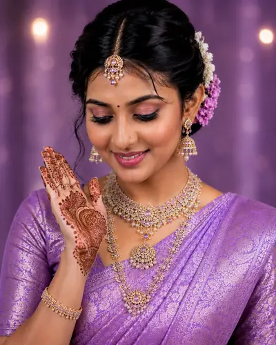 Bride in green silk saree with gold choker necklace and jhumka earrings