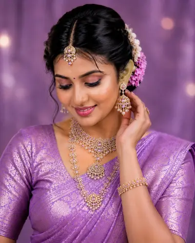 Bride in pink silk saree with elegant updo hairstyle and jasmine garland
