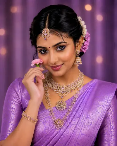 South Indian bride in traditional red silk saree with gold jewelry