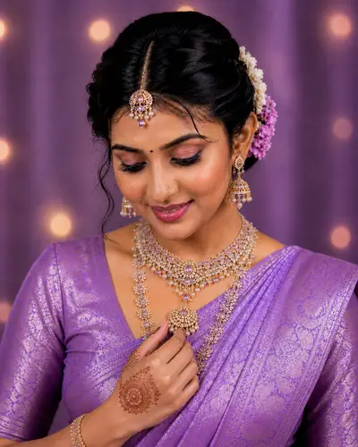 Bride in pink silk saree with elegant updo hairstyle and jasmine garland