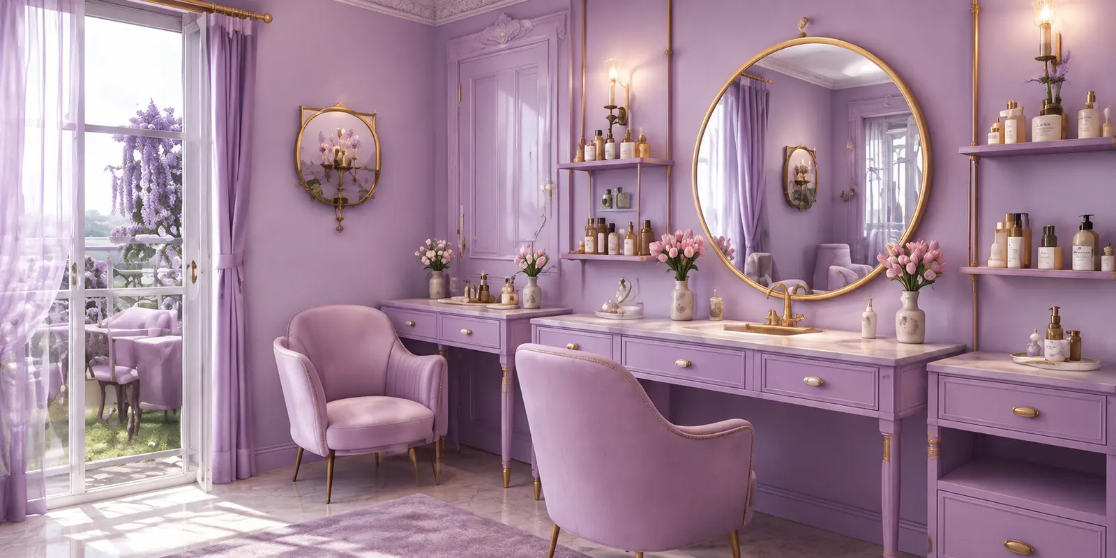 Lakshana Bridal Studio interior — Luxurious makeup stations with purple décor and warm lighting
